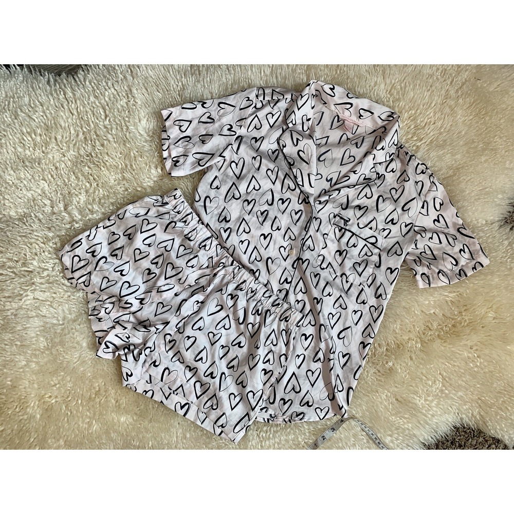 Victorias Secret 2pc Pink Black Heart Shorts Button Down Top Set Valentines Sz M